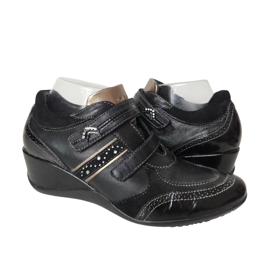 Geox Respira Sz 10 Leather Sneakers Wedged Heel Womens Black D1387B